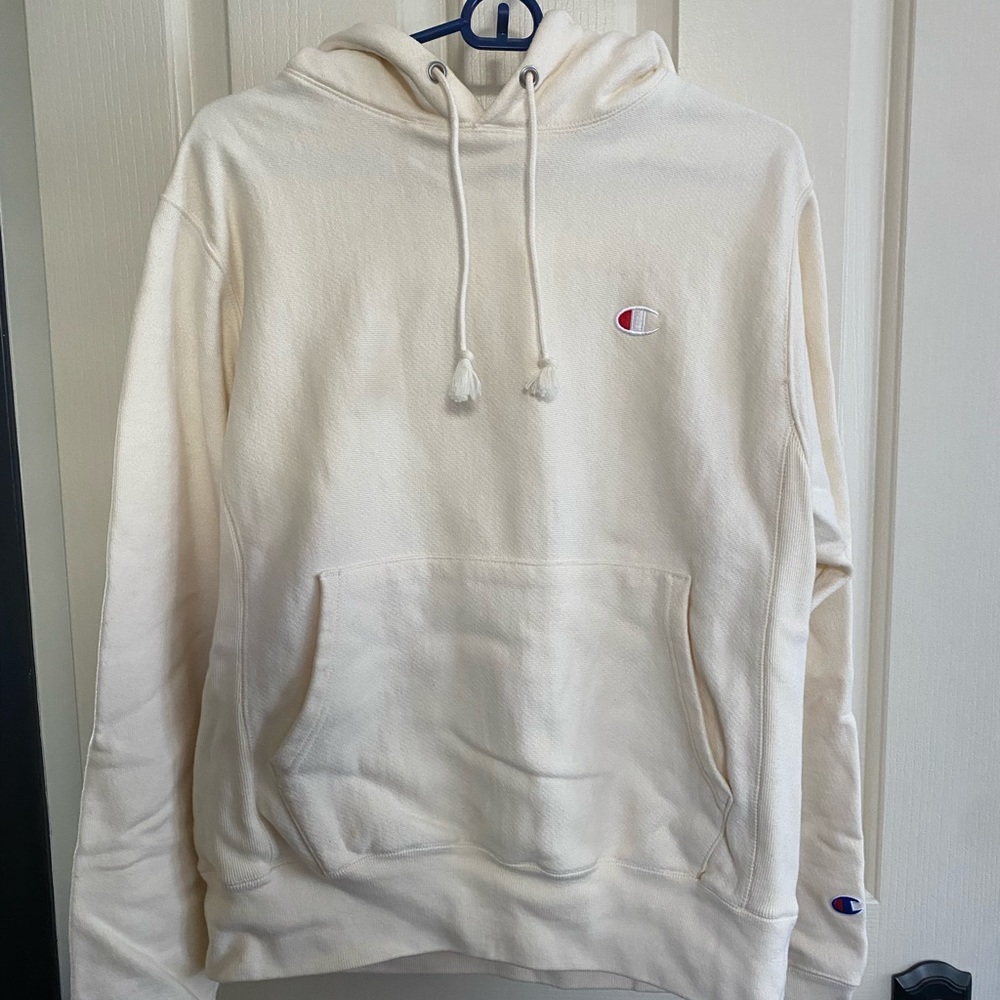 cream champion hoodie sweatshirt